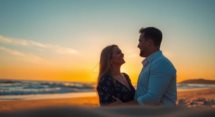 Destination photographer capturing a romantic moment during sunset on the beach.