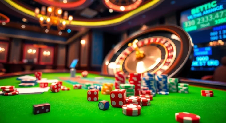 Kèo nhà cái 55 betting scene with vibrant poker chips and roulette wheel capturing casino excitement.