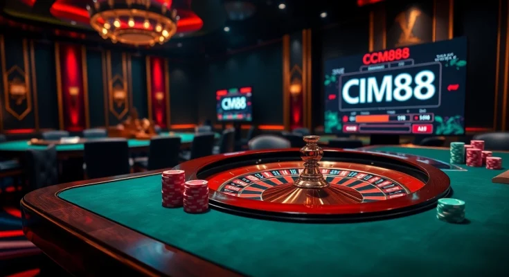 Engaging poker gameplay at CM88 casino, showcasing chips and a roulette wheel.