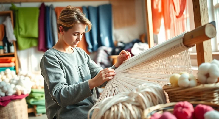 Een artisanale wever die 100% natuurlijk katoen gebruikt om een prachtige wandtapijt te maken.